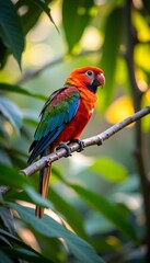Obraz premium Vibrant Tropical Bird Perched on Branch Surrounded by Lush Green Foliage in a Serene Natural Setting