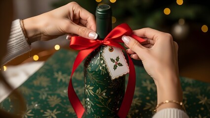 Hands Decorating Christmas Tree Bauble with Ribbon.