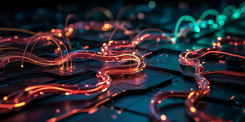 Wavy illuminated fiber optic cables with red and green light trails technology abstract