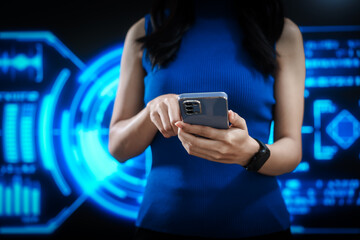 Woman using smartphone with smartwatch in futuristic blue digital interface background, representing smart technology, connectivity, innovation, data interaction, digital transformation.