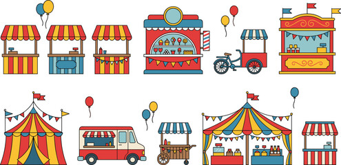 Colorful carnival market stalls illustration, festival food booths and circus tents, fun fair vendor stands with balloons, amusement event vector artwork © Mostofa Expressive