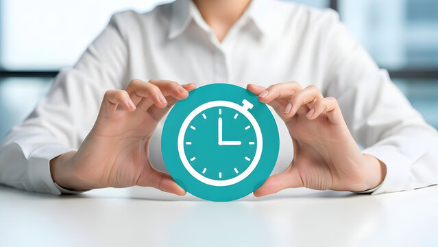 Businesswoman hands holding teal clock icon sign for time management