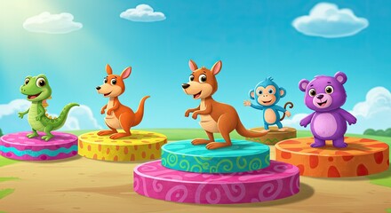 Obraz premium Cartoon animals standing on colorful platforms under a bright blue sky