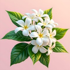 Fototapeta premium Close-Up View of White Frangipani Flowers Surrounded by Green Leaves Against a Soft Pink Background