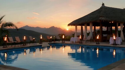 Excellent 4K quality stock video footage capturing warm ambient glow of multiple tiki torches positioned beside serene swimming pool at moment of sunset peaceful and tropical scene originally filmed