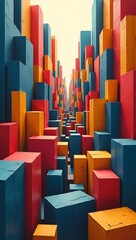 Obraz premium Large flow of abstract blocks narrowing sharply through single small gap, organizational bottleneck concept 