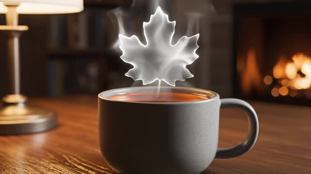 Steaming Hot Tea Forming a Maple Leaf Shape Over the Cup, Fireplace in Background