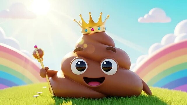 cute crowned poop emoji king in sunny rainbow meadow 3d animation