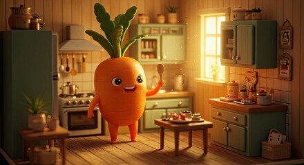 Cartoon carrot character in a kitchen environment preparing food