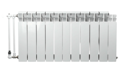 A close-up view of a new, white, rectangular heating radiator. It is made of several vertical bars with connected piping on the side