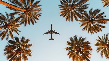A passenger airplane soaring through a clear blue sky, framed by golden-lit palm trees. Perfect for themes of travel, tropical vacations, and getaways.
