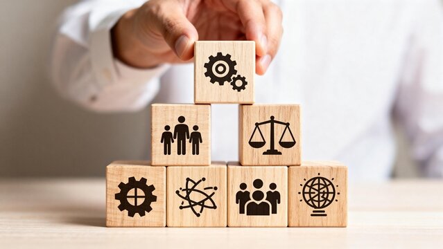 Person stacking wooden blocks with icons