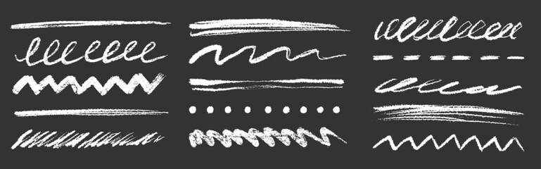 Hand drawn chalk underline brush strokes set on blackboard. Crayon texture brush stroke underline sketch paint for doodle border, pastel chalk pencil paint scratch, squiggle. Vector illustration © Polina Tomtosova