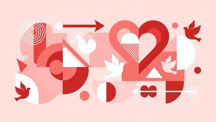 Abstract love symbols with birds and hearts
