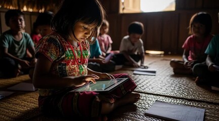 Children using tablets in classroom setting. - Powered by Adobe