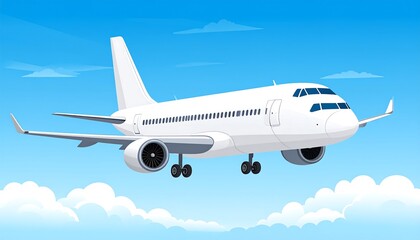 A white passenger plane soars through a bright blue sky