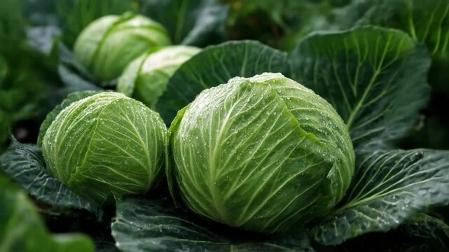 Fresh green cabbages with tightly wrapped heads, rest among broad, veined leaves in a garden, patch