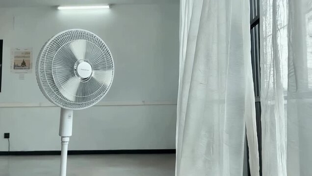 clean aes tic 4k view of modern white fan circulating cool air across room while soft matte tulle hangs behind it illustrating relaxation ventilation and temperature