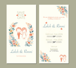 Elegant Floral Wedding Invitation Card with Couple Illustration
