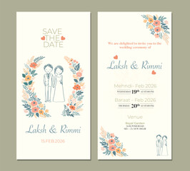 Elegant Floral Wedding Invitation Card with Couple Illustration