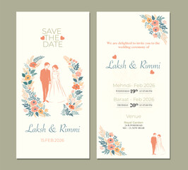 Elegant Floral Wedding Invitation Card with Couple Illustration