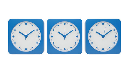 Three analog clocks isolated on transparent background