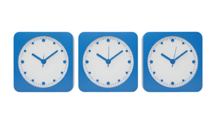 Three analog clocks isolated on transparent background