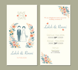 Elegant Floral Wedding Invitation Card with Couple Illustration