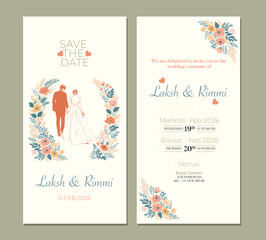 Elegant Floral Wedding Invitation Card with Couple Illustration