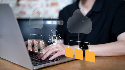 Person using artificial intelligence ai upload download online file document cloud data database storage server platform software, digital information technology concept