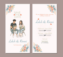 Elegant Floral Wedding Invitation Card with Couple Illustration