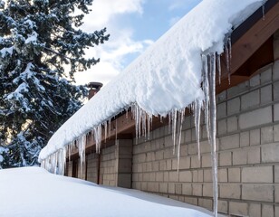 Snow covered roof with long icicles hanging over brick wall; coniferous tree and blue sky behind