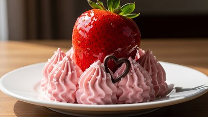 Strawberry dessert with whipped cream and chocolate heart