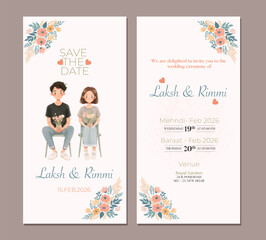 Elegant Floral Wedding Invitation Card with Couple Illustration
