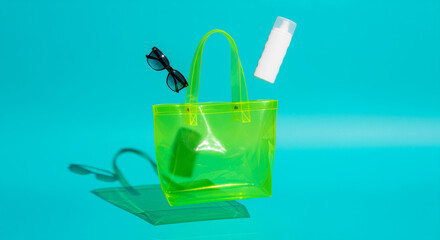 Obraz premium Neon green transparent tote bag floats alongside black sunglasses and a white sunscreen bottle, creating a vibrant summer essentials composition against a bright blue background.