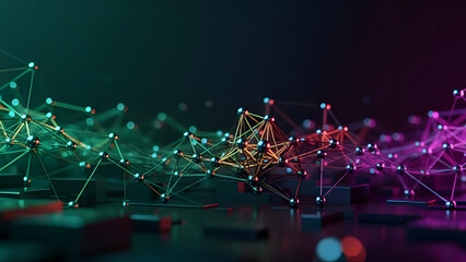 Abstract digital network with glowing nodes and interconnected lines, representing data flow and technological complexity.