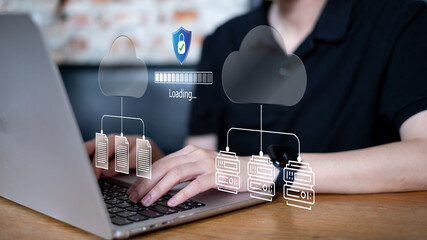 Person using cloud data online information backup storage server database transfer download upload with high protection security safety, digital cybersecurity technology concept