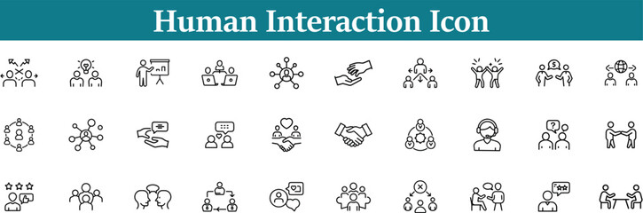 Set of human interaction icons teamwork, communication, partnership, networking, and social connection line art symbols for business and community concepts isolated on transparent background
