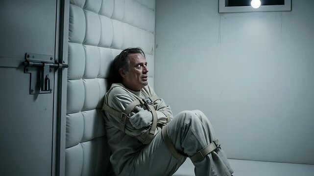 isolated prisoner in a padded cell looking anxious and alone