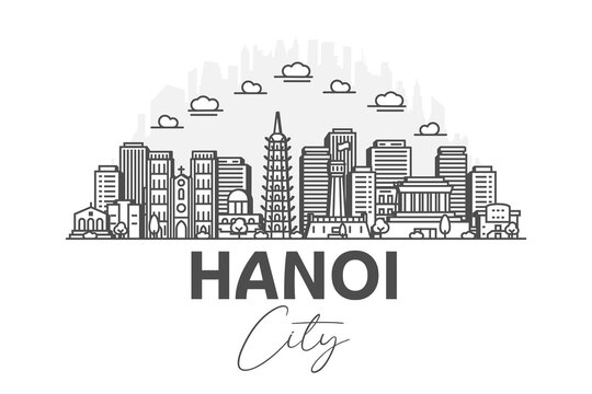 Hanoi, Vietnam architecture line skyline illustration with shadows. Linear vector cityscape with famous landmarks, city sights, design icons.