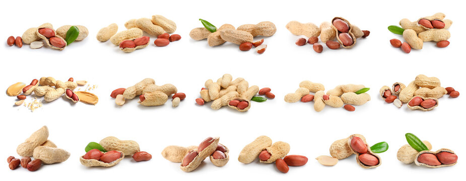 Set of healthy peanuts on white background