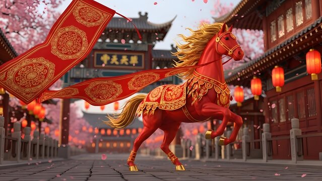 A majestic red horse gallops gracefully through a traditional Chinese street, adorned with intricate gold details and a vibrant red banner, symbolizing luck and prosperity.