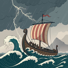 Viking Longship Sailing Storm Professional Photo Ideal for Marketing