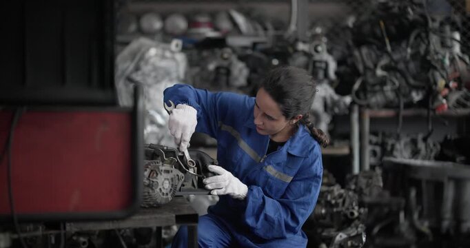 Auto mechanic disassemble mechanical engine components for diagnosis, troubleshooting in automotive workshop. Technical expertise, precision required in field of vehicle repair and maintenance.
