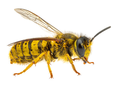 A close-up view presents a striking bee with its wings outstretched against a stark black background, highlighting its intricate details