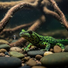 Fototapeta premium Vibrant speckled newt perched on riverbed rocks amidst submerged nature scene