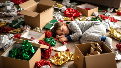 Exhausted Child Sleeping Among Opened Gift Boxes and Wrapping Paper