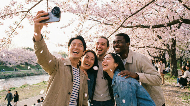 春の満開の桜の下で舞い散る花びらに包まれながら自撮りをする多国籍な若者のグループ