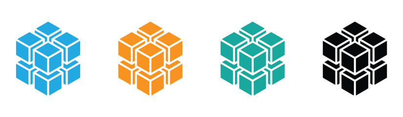 Obraz premium 3D Cube Icon Design. Colorful cube formations in blue, orange, green, and black. Geometric Block Shape Symbol Illustration. Editable geometric cube vector icon. Mathematic, shape, volumetric.