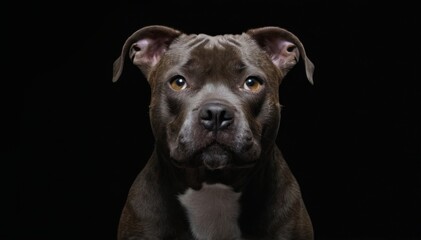 Fototapeta premium Closeup Portrait of Serious Staffordshire Bull Terrier in Dramatic Black Background Setting, Intense Gaze and Alert Expression